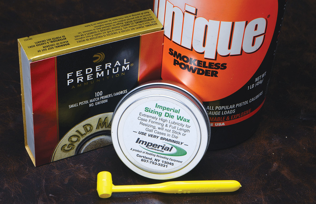 Modern essentials that worked well with vintage tools: Federal primers, Alliant’s Unique, Imperial Sizing Die Wax and a Lee powder scoop.